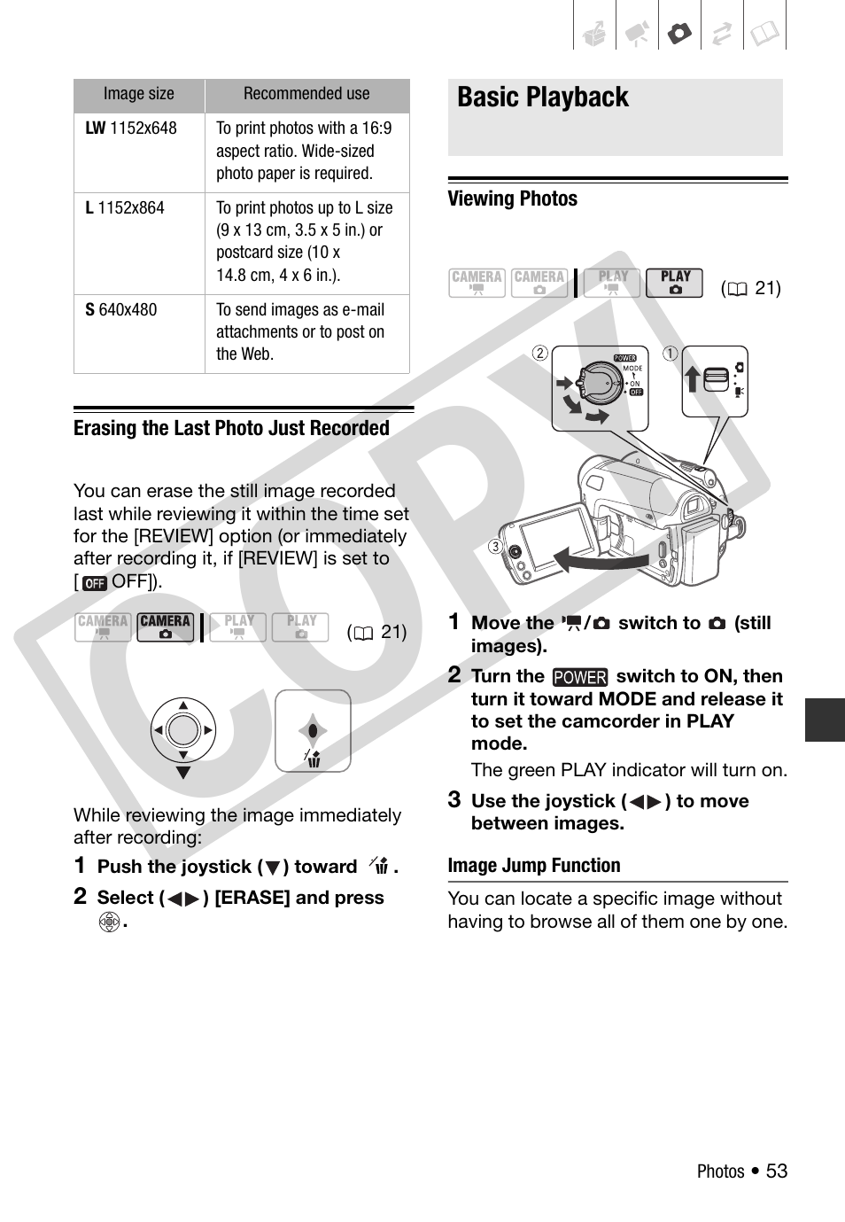 Erasing the last photo just recorded, Basic playback, Viewing photos | C o py | Canon DC 310 User Manual | Page 53 / 93