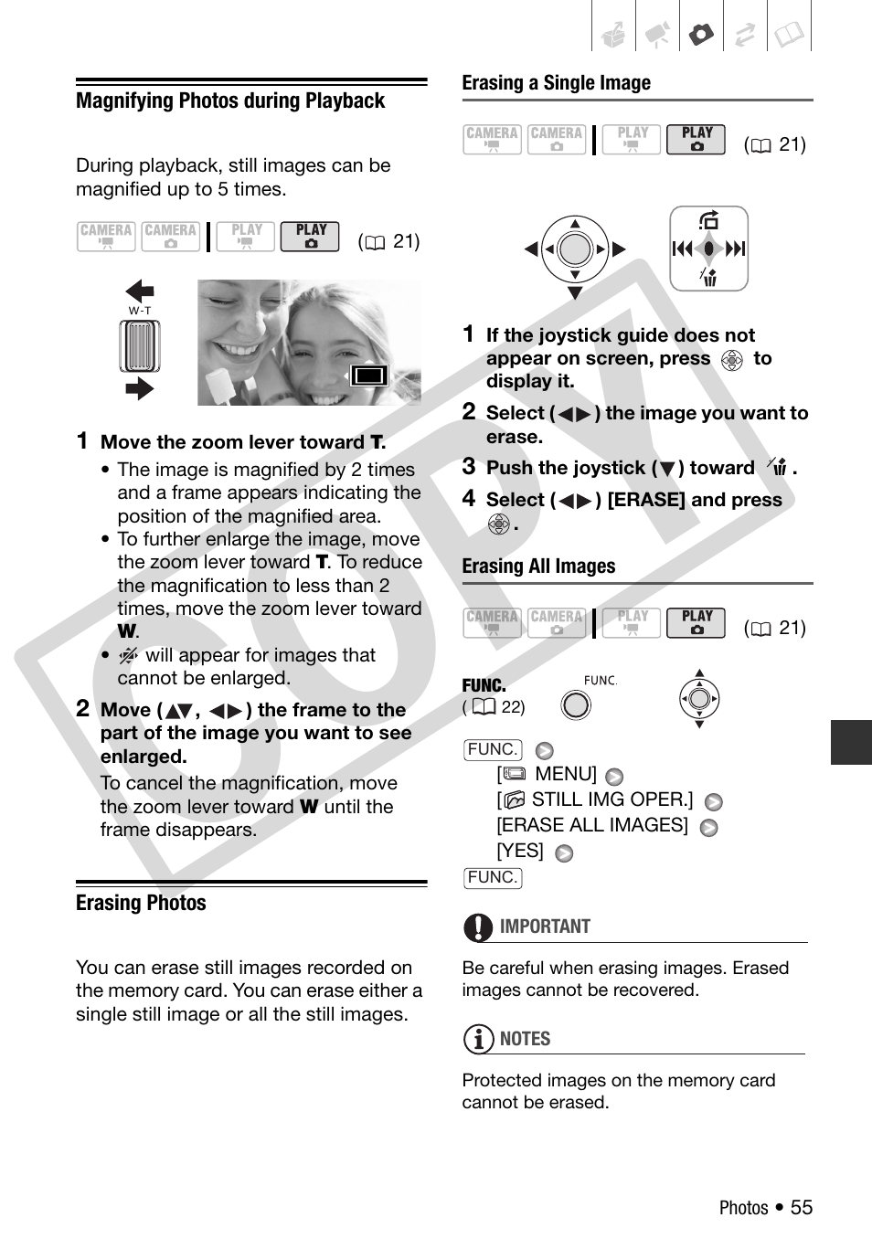 Magnifying photos during playback, Erasing photos, Co py | Canon DC 310 User Manual | Page 55 / 93