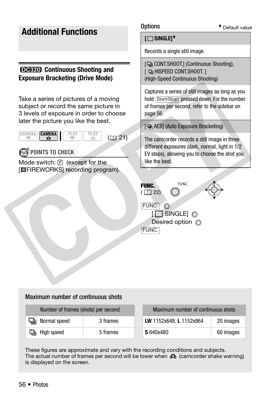 Additional functions, Continuous shooting and exposure bracketing (drive, Mode) | Co py | Canon DC 310 User Manual | Page 56 / 93