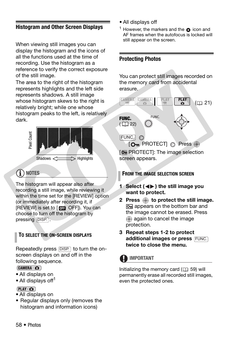 Histogram and other screen displays, Protecting photos, Co py | Canon DC 310 User Manual | Page 58 / 93
