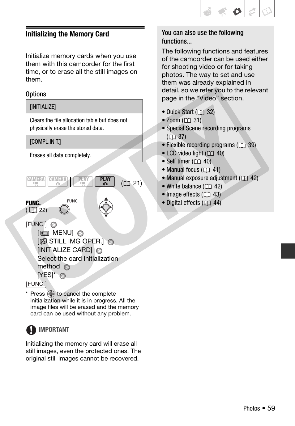 Initializing the memory card, 59) wi, Co p y | Canon DC 310 User Manual | Page 59 / 93