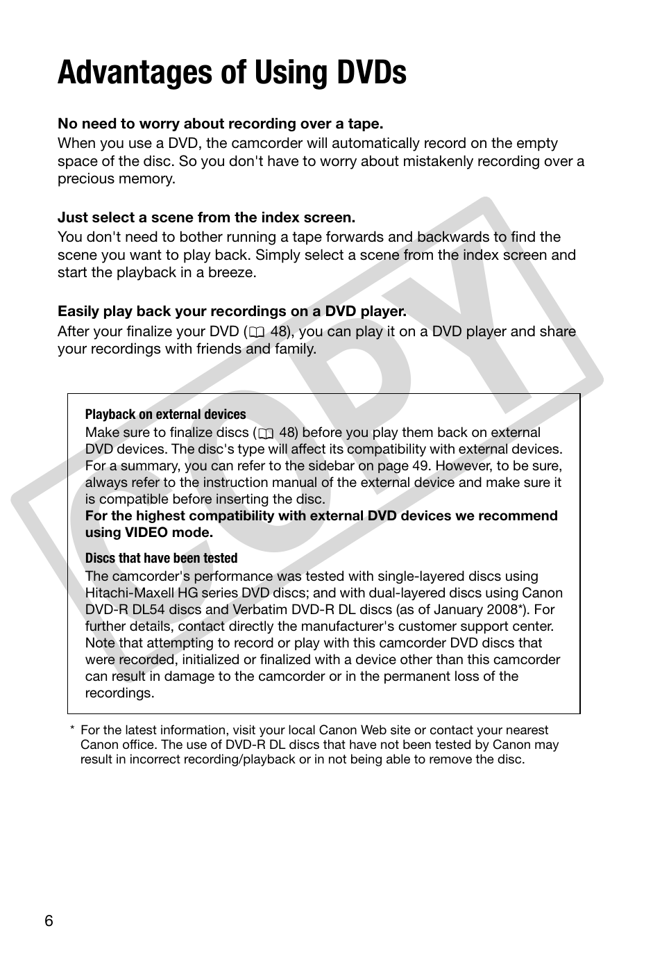 Advantages of using dvds, Co py | Canon DC 310 User Manual | Page 6 / 93