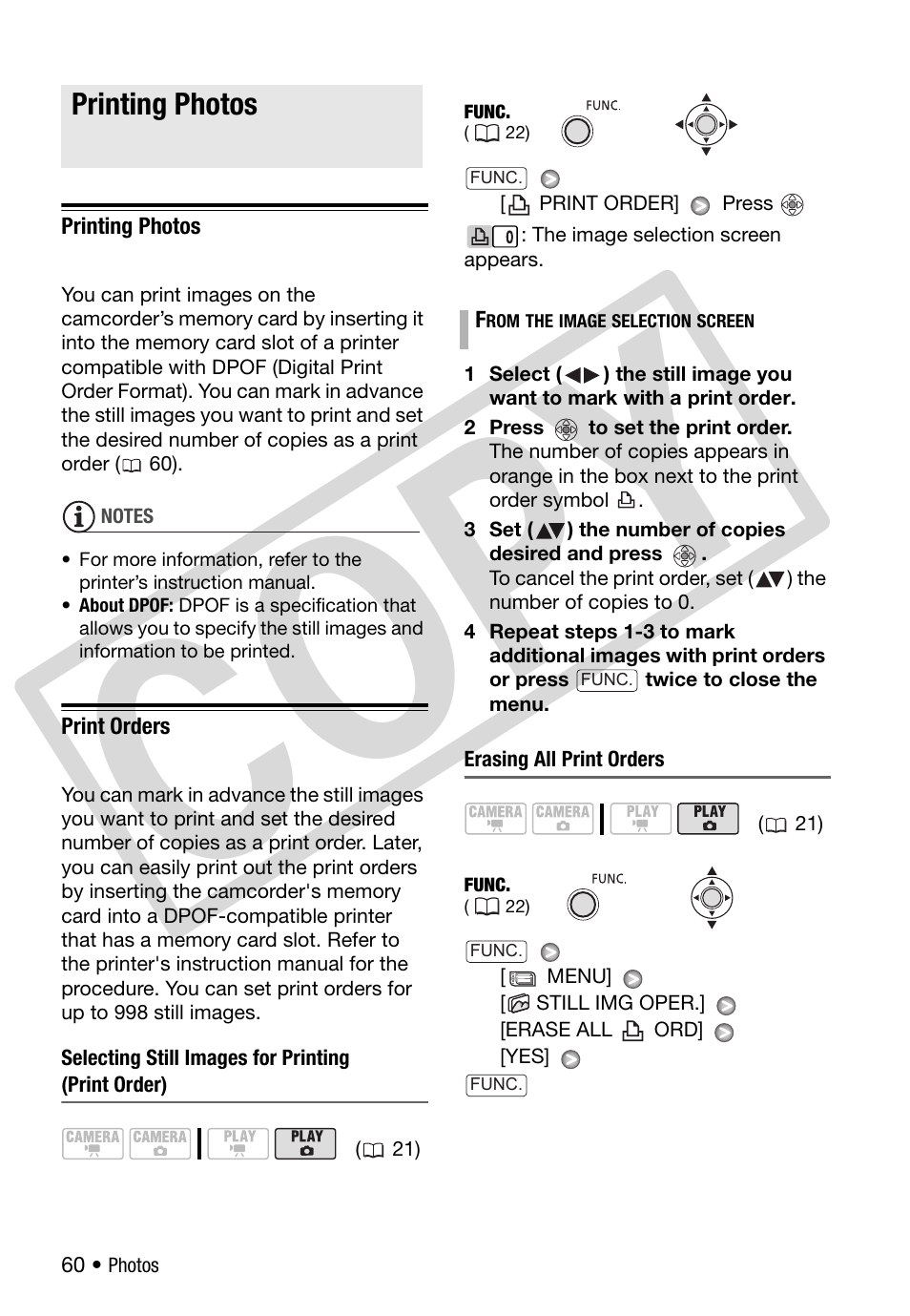 Printing photos, Print orders, Co py | Canon DC 310 User Manual | Page 60 / 93