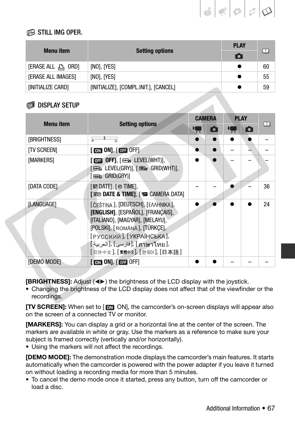 Still image operations (card initialization, etc.), Display setup (lcd brightness, language, etc.), Co py | Canon DC 310 User Manual | Page 67 / 93