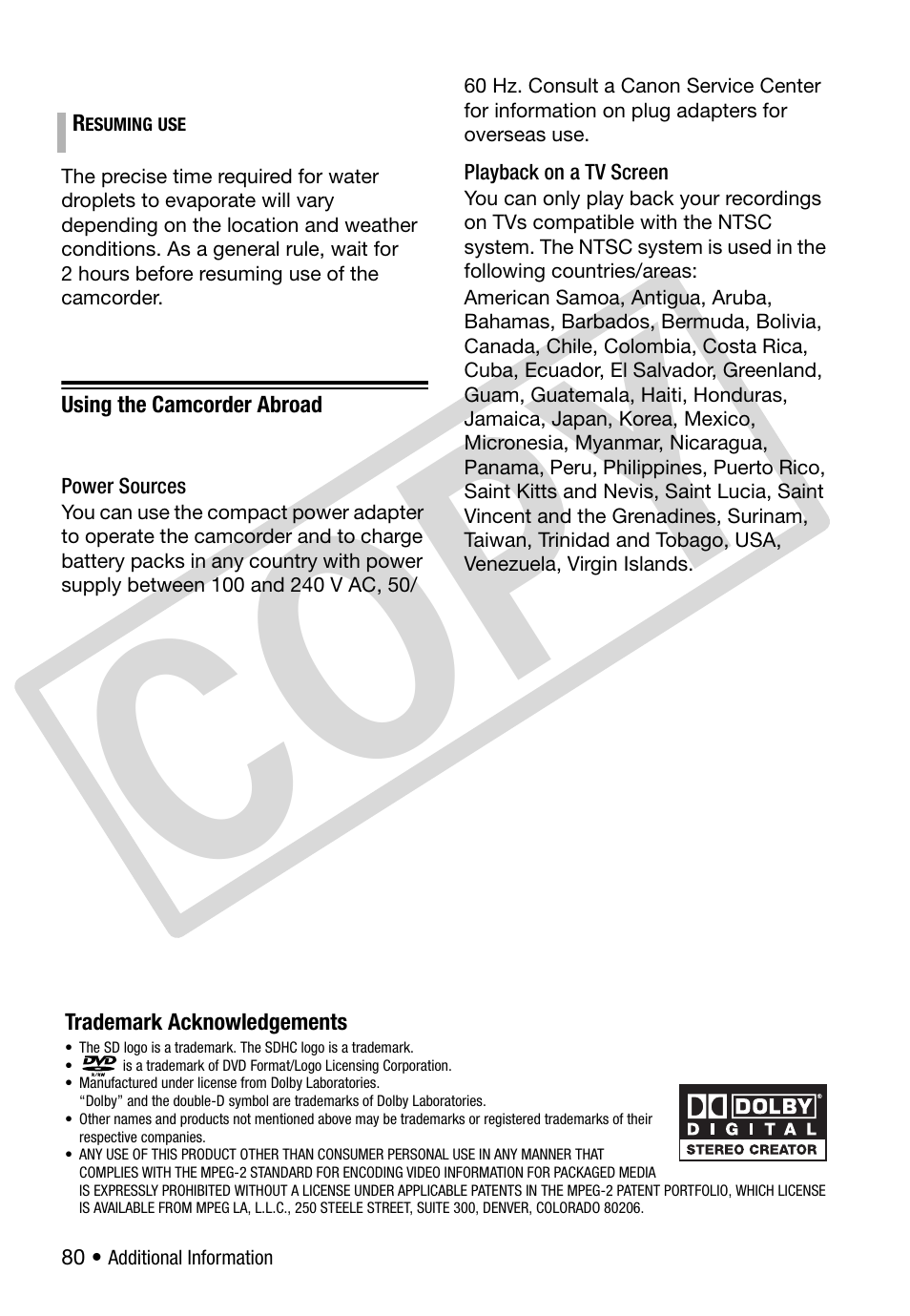 Using the camcorder abroad, Co py | Canon DC 310 User Manual | Page 80 / 93