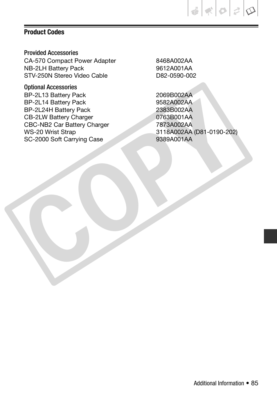 Product codes, Co py | Canon DC 310 User Manual | Page 85 / 93