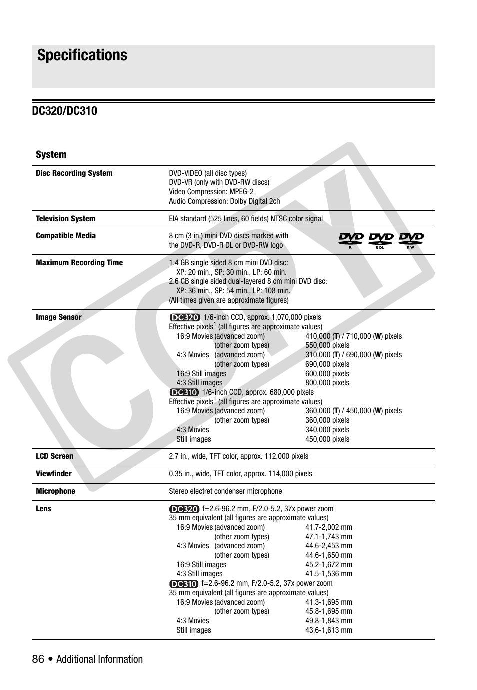 Specifications, Co py | Canon DC 310 User Manual | Page 86 / 93