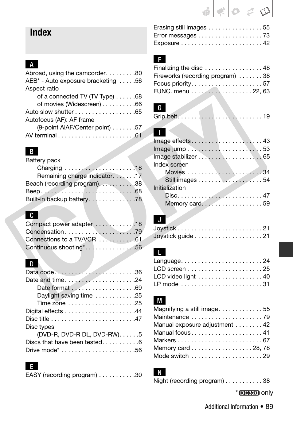 Index, Co p y | Canon DC 310 User Manual | Page 89 / 93