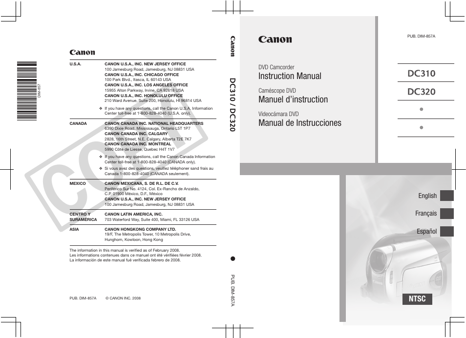 Co py, Instruction manual, Manuel d’instruction | Manual de instrucciones, Ntsc | Canon DC 310 User Manual | Page 93 / 93