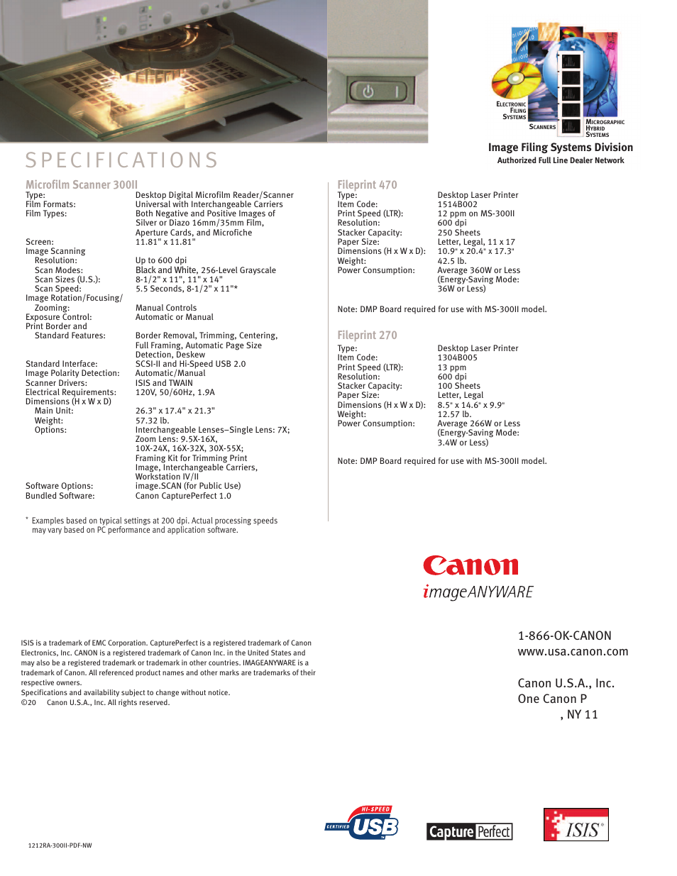 Microfilm scanner 300ii, Fileprint 470, Fileprint 270 | Image filing systems division | Canon MS-300II User Manual | Page 4 / 4