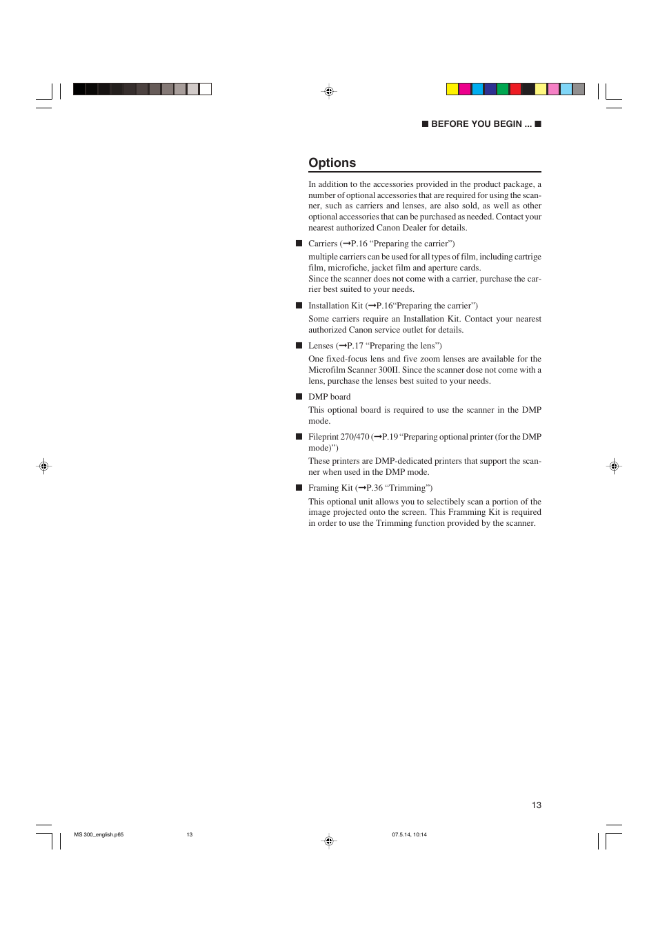 Options | Cannon 300II User Manual | Page 15 / 54