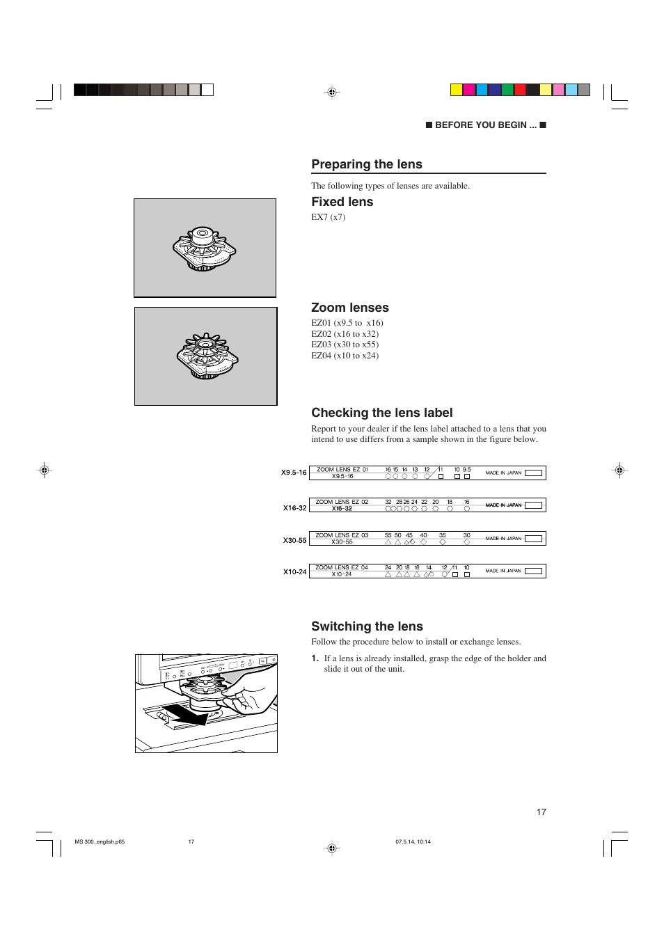 Preparing the lens, Fixed lens, Zoom lenses | Checking the lens label, Switching the lens | Cannon 300II User Manual | Page 19 / 54