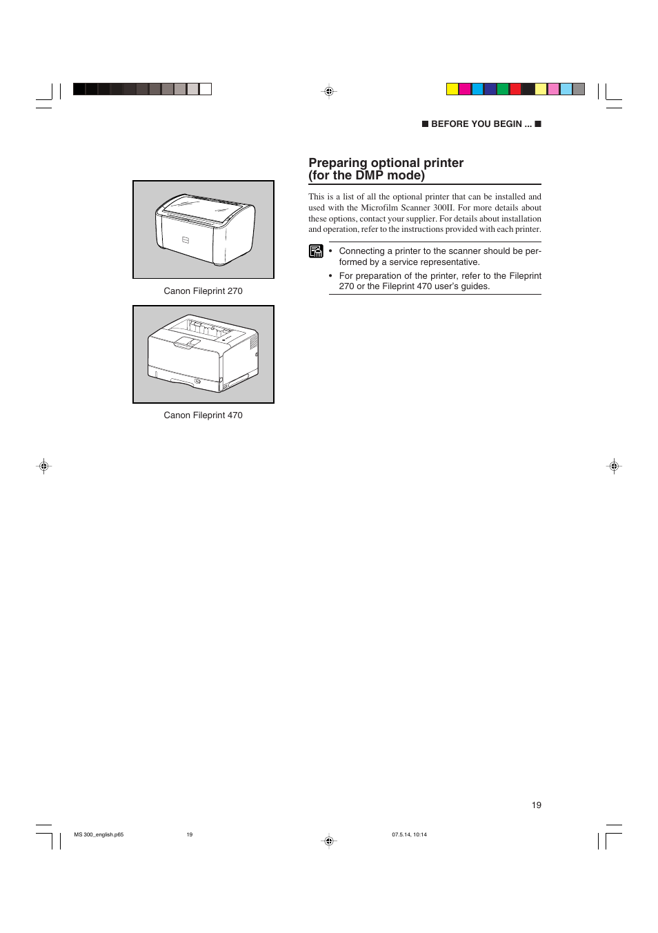 Preparing optional printer (for the dmp mode) | Cannon 300II User Manual | Page 21 / 54