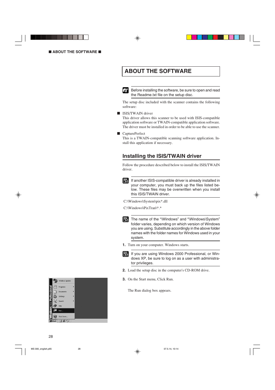 About the software, Installing the isis/twain driver | Cannon 300II User Manual | Page 30 / 54