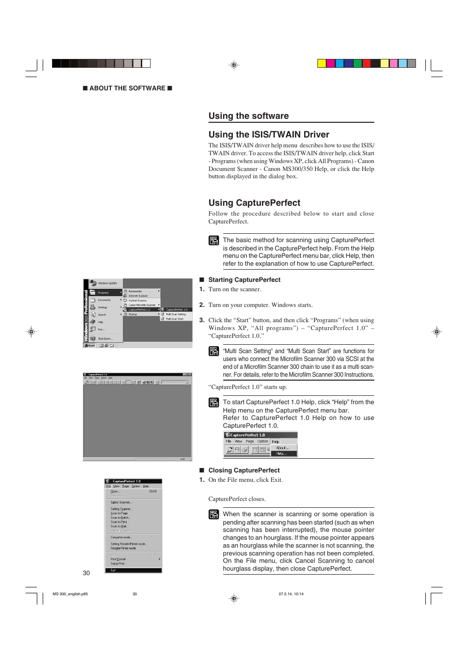 Using the software using the isis/twain driver, Using captureperfect | Cannon 300II User Manual | Page 32 / 54