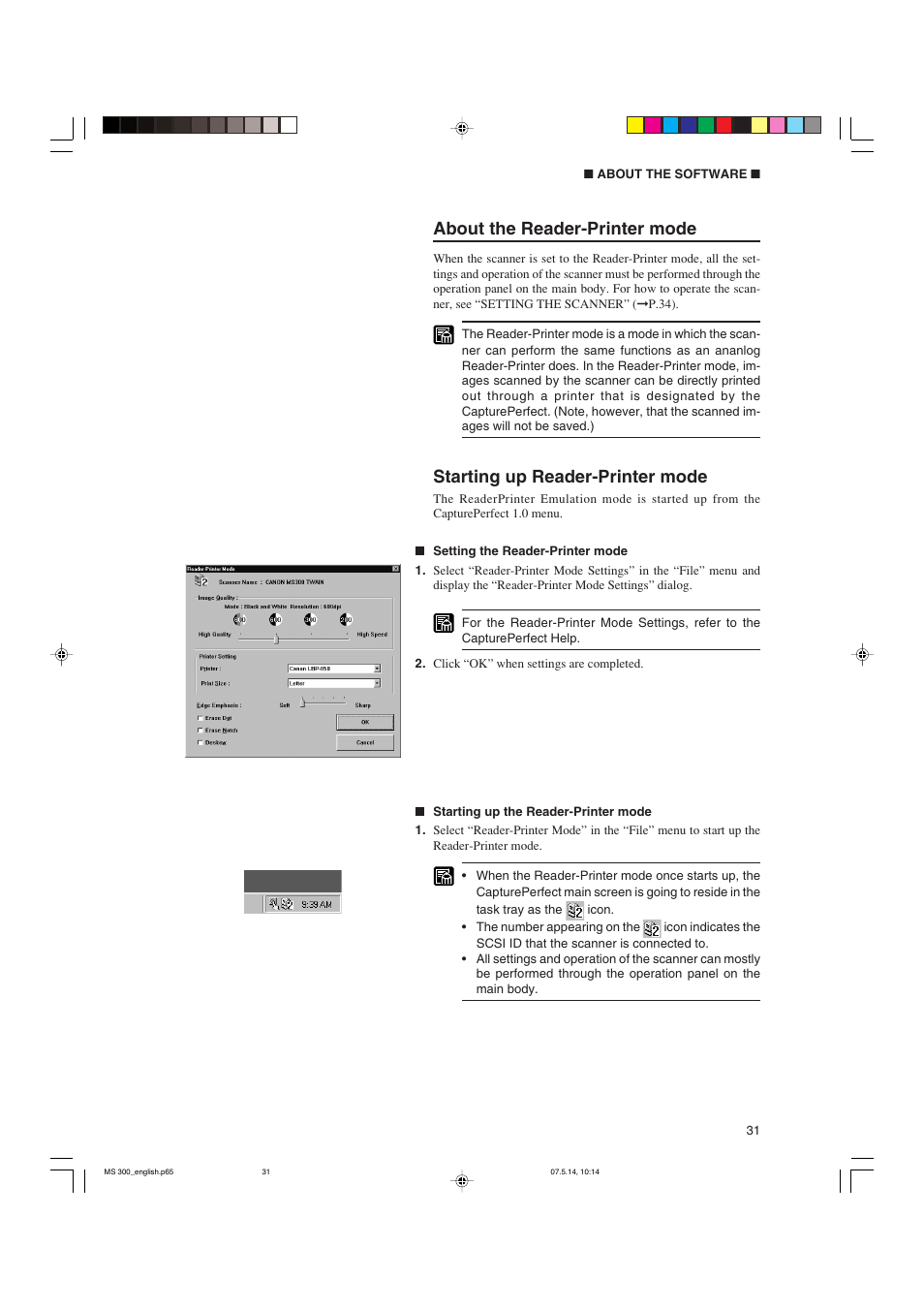 About the reader-printer mode, Starting up reader-printer mode | Cannon 300II User Manual | Page 33 / 54