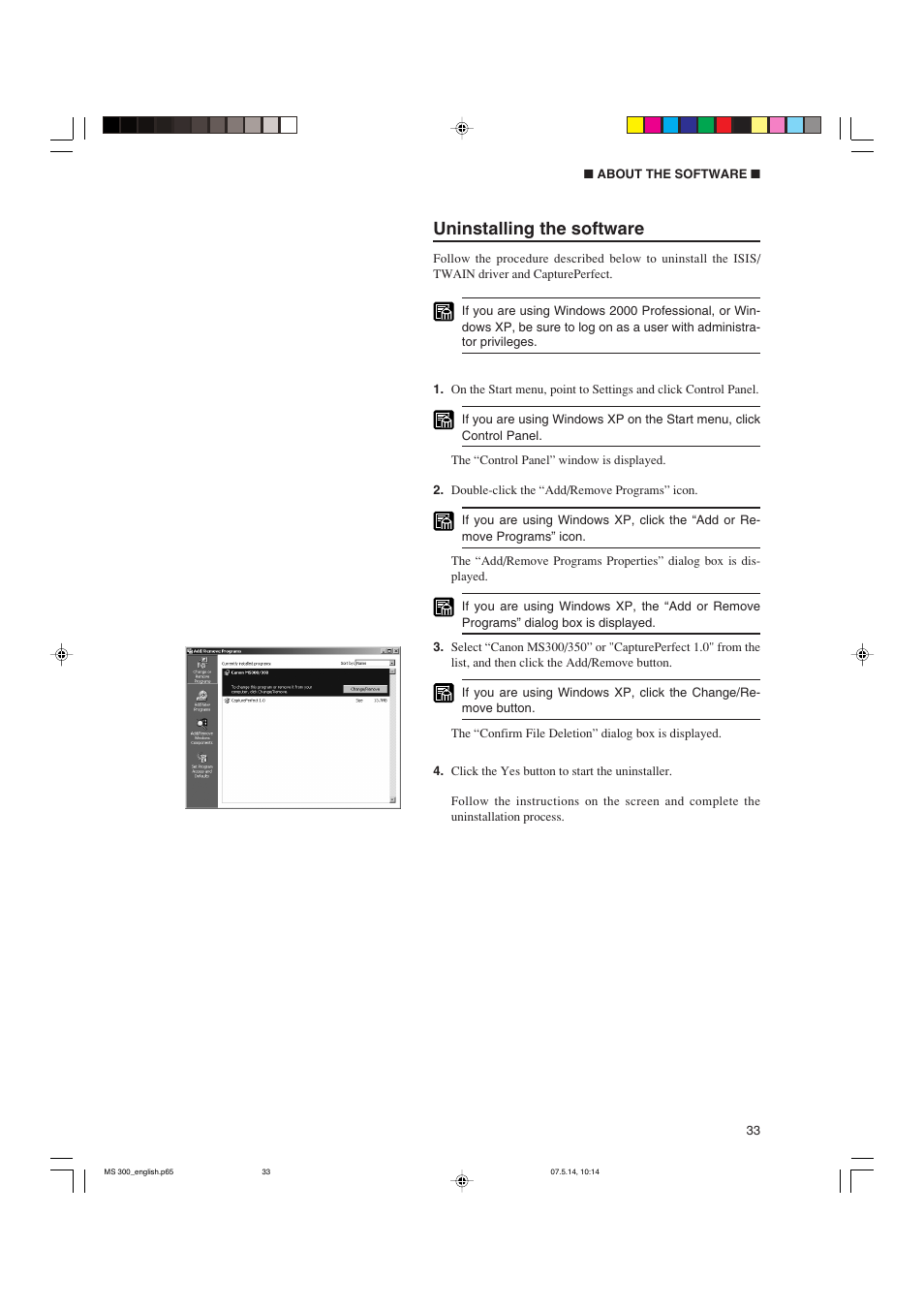 Uninstalling the software | Cannon 300II User Manual | Page 35 / 54