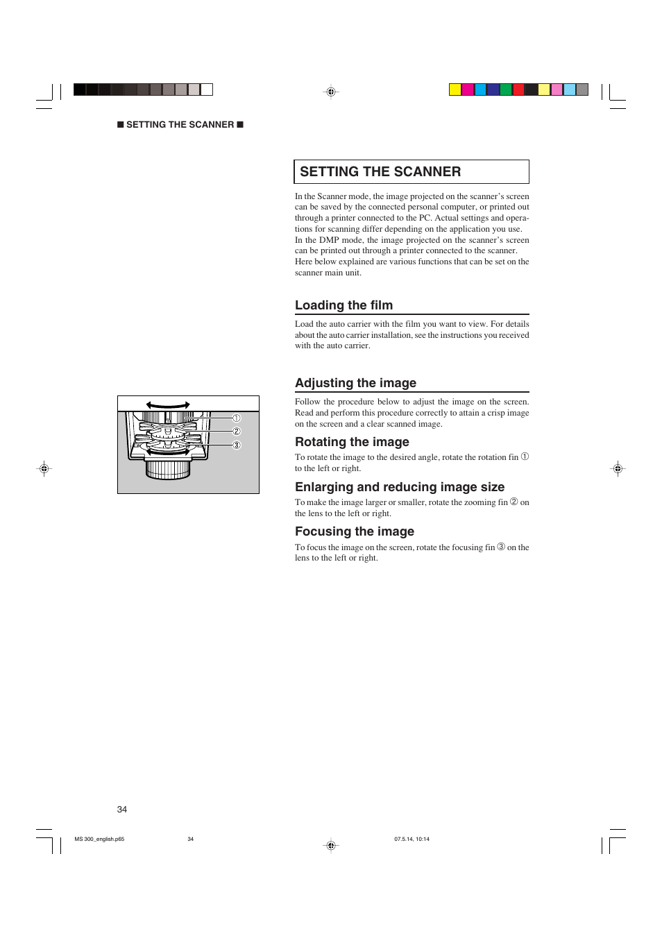 Setting the scanner, Loading the film, Adjusting the image | Rotating the image, Enlarging and reducing image size, Focusing the image | Cannon 300II User Manual | Page 36 / 54