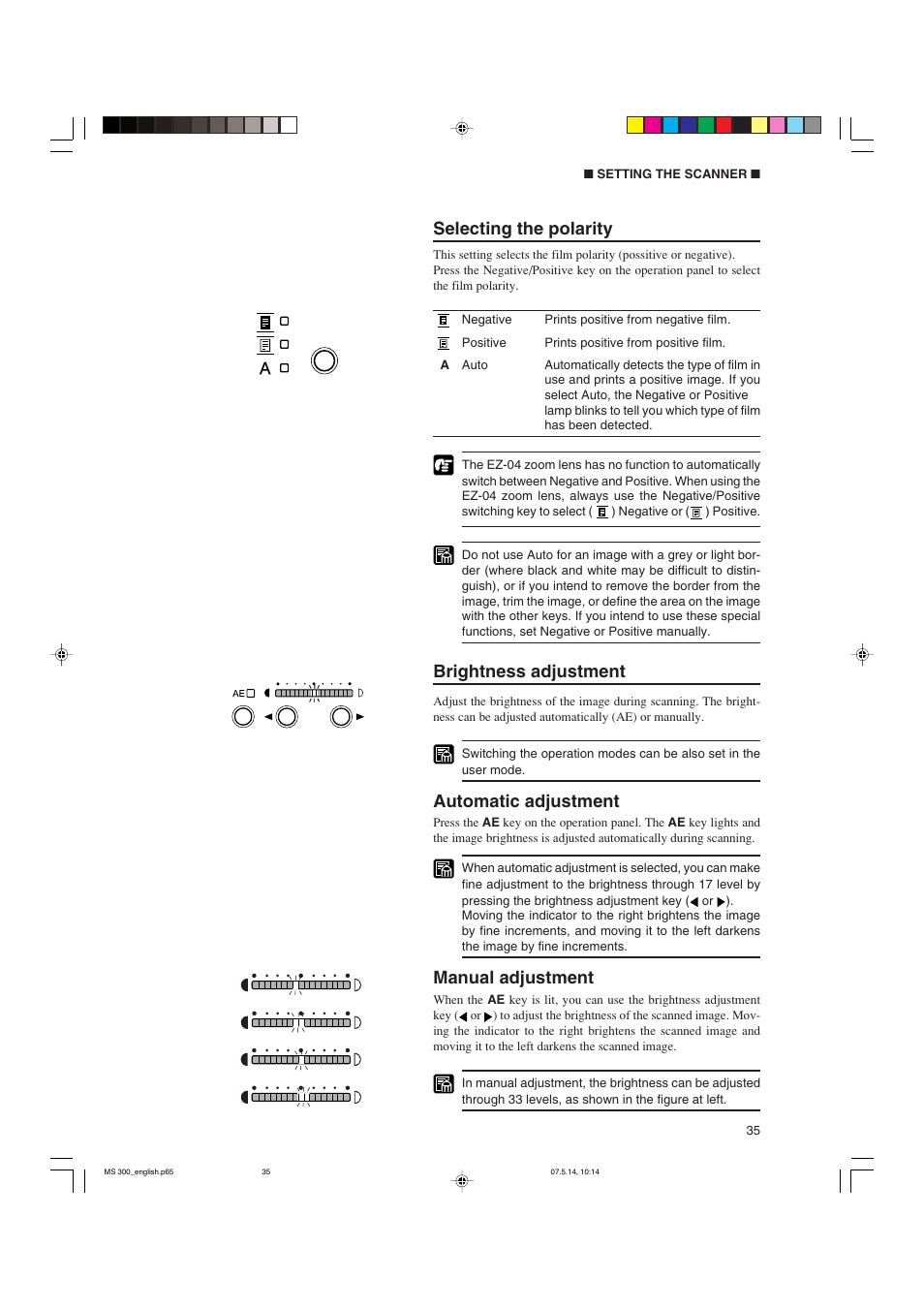 Selecting the polarity, Brightness adjustment, Automatic adjustment | Manual adjustment | Cannon 300II User Manual | Page 37 / 54