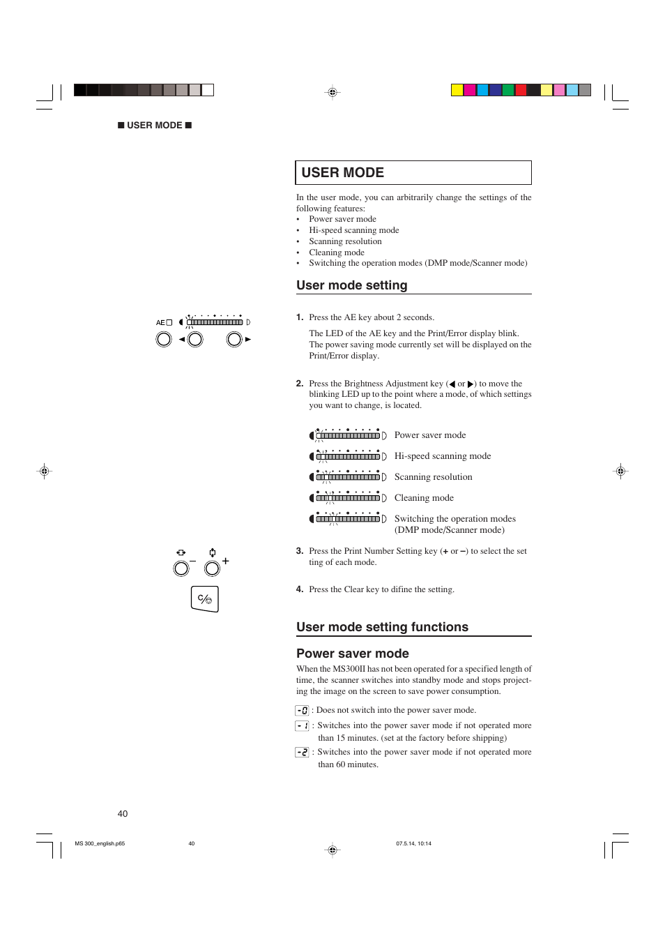 User mode, User mode setting, User mode setting functions power saver mode | Cannon 300II User Manual | Page 42 / 54