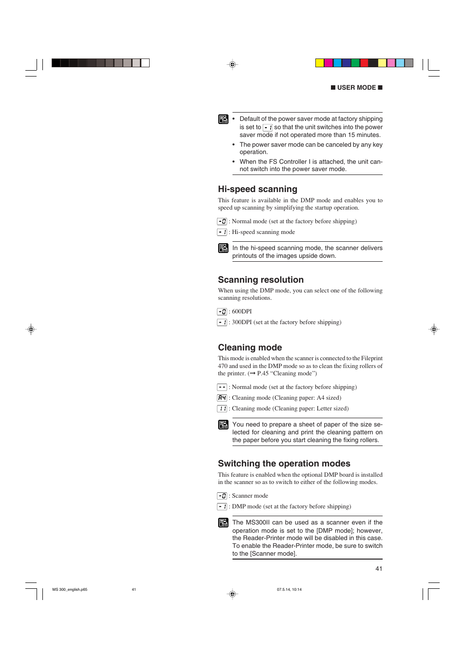 Hi-speed scanning, Scanning resolution, Cleaning mode | Switching the operation modes | Cannon 300II User Manual | Page 43 / 54