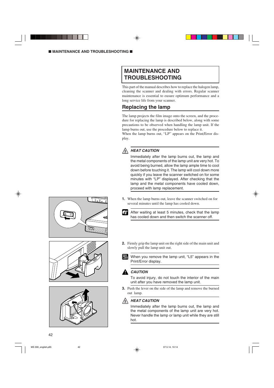 Maintenance and troubleshooting, Replacing the lamp | Cannon 300II User Manual | Page 44 / 54