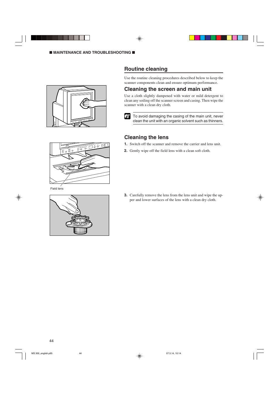 Routine cleaning, Cleaning the screen and main unit, Cleaning the lens | Cannon 300II User Manual | Page 46 / 54