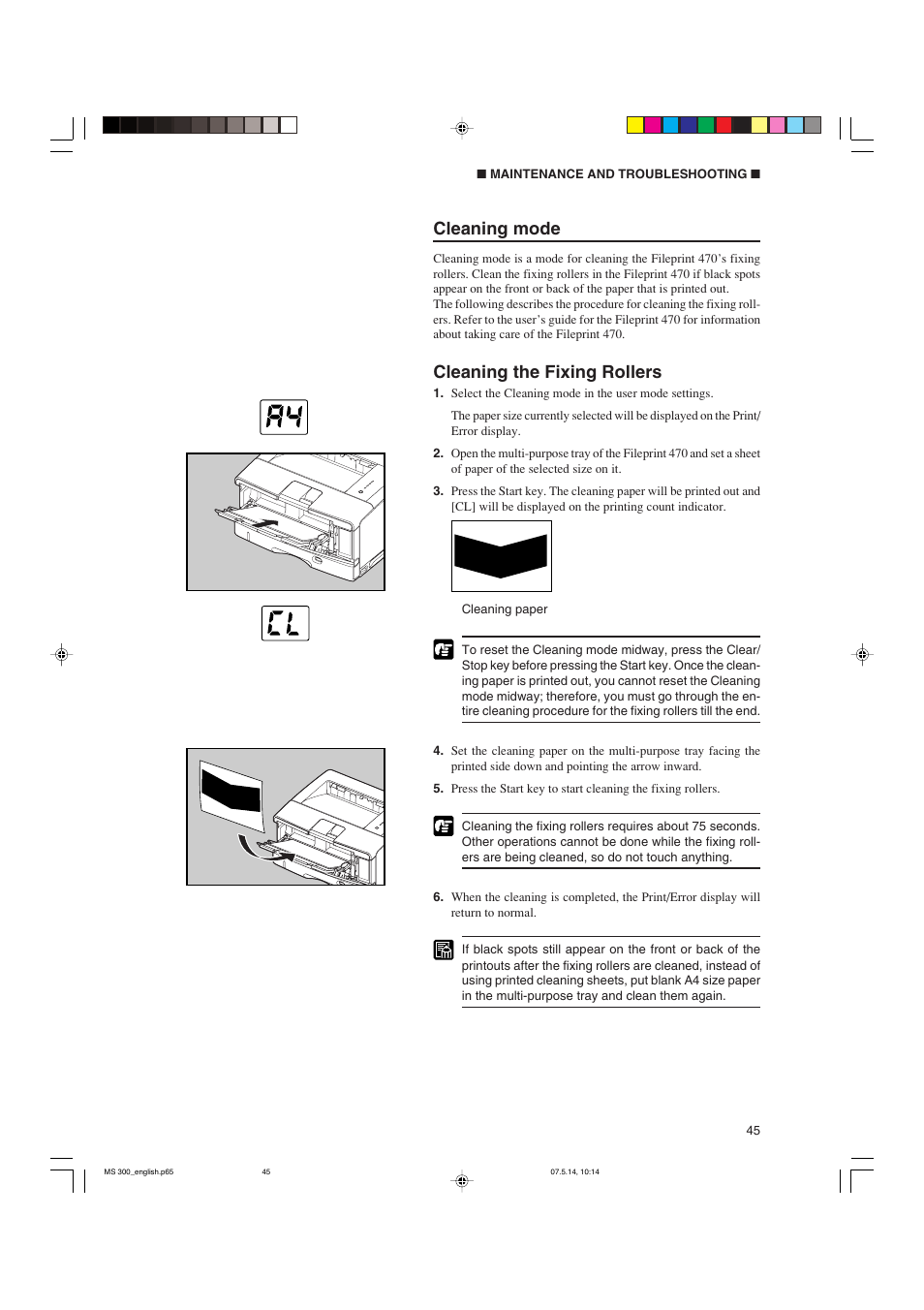 Cleaning mode, Cleaning the fixing rollers | Cannon 300II User Manual | Page 47 / 54