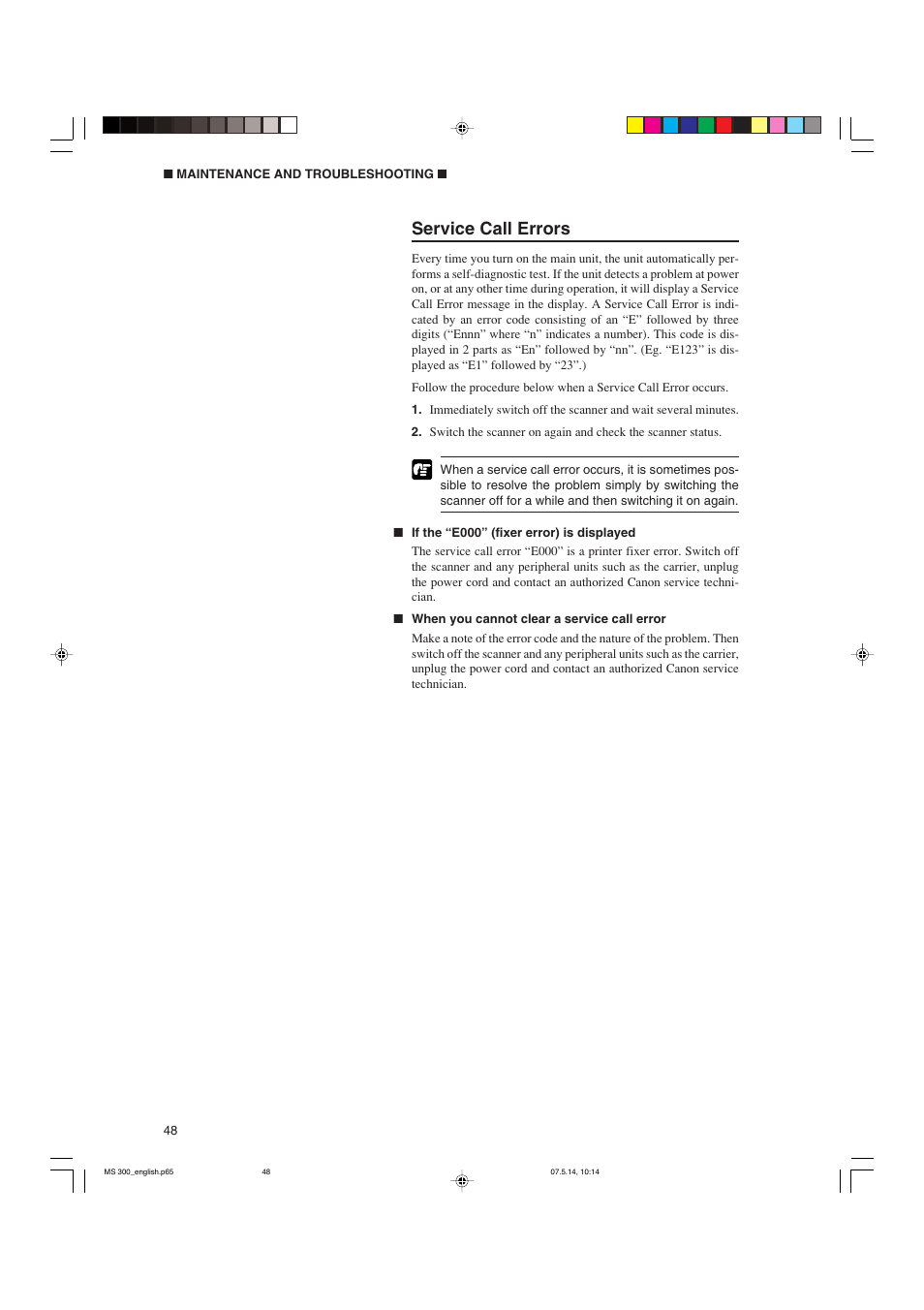 Service call errors | Cannon 300II User Manual | Page 50 / 54