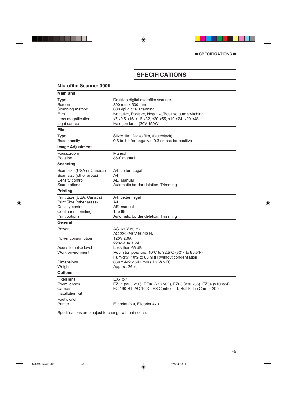 Specifications | Cannon 300II User Manual | Page 51 / 54