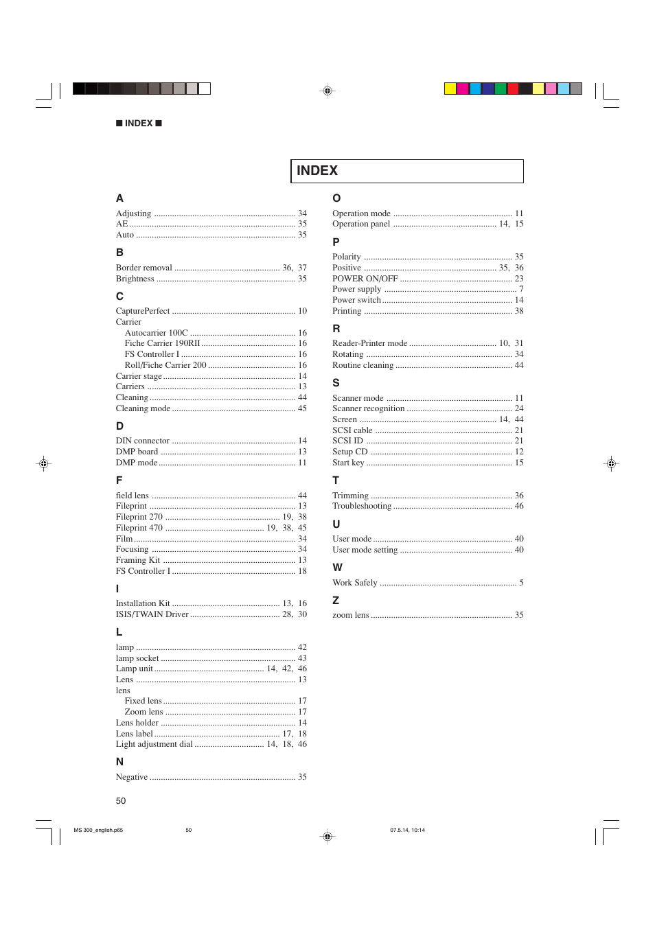 Index | Cannon 300II User Manual | Page 52 / 54