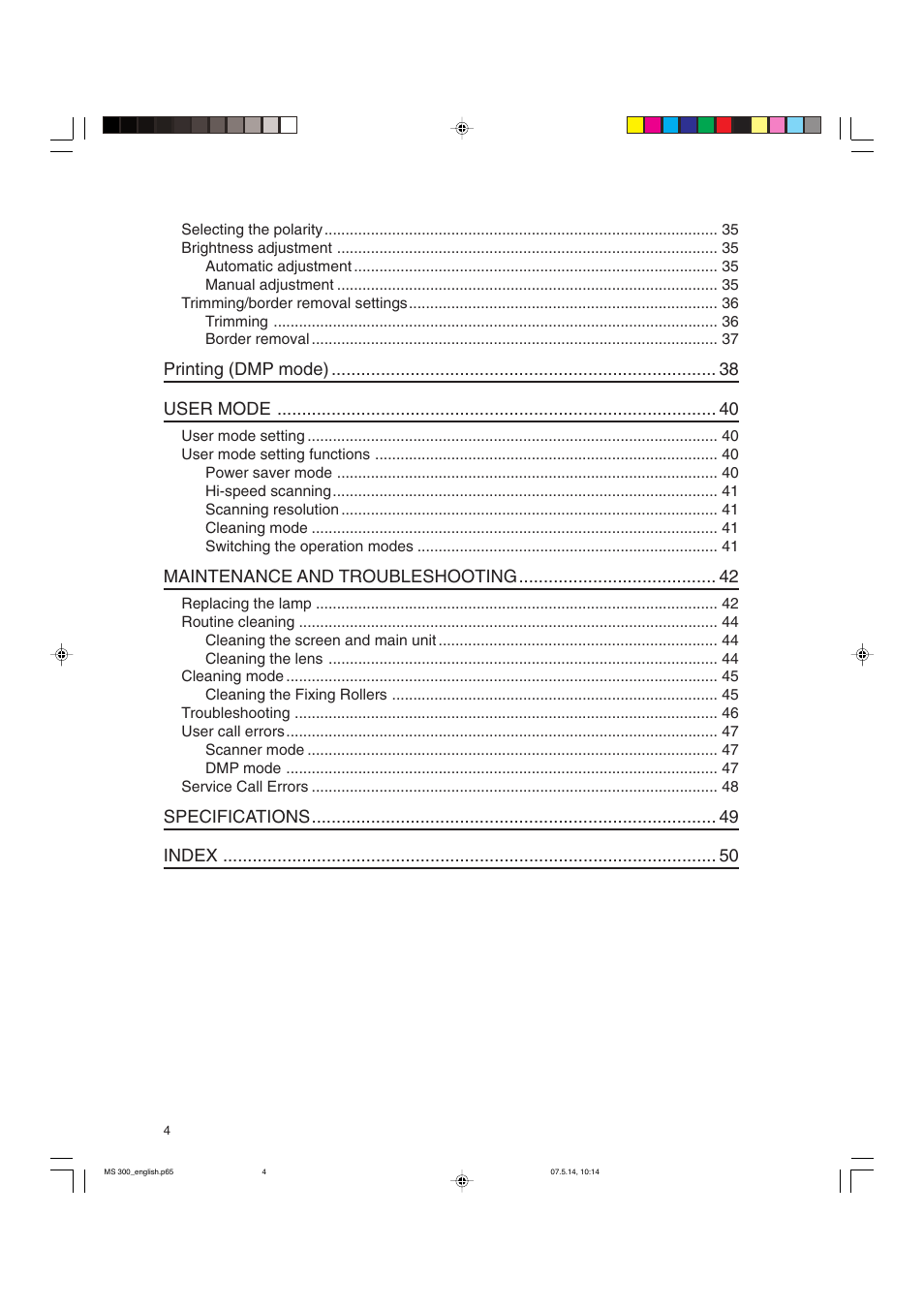 Printing (dmp mode) user mode, Maintenance and troubleshooting, Specifications index | Cannon 300II User Manual | Page 6 / 54