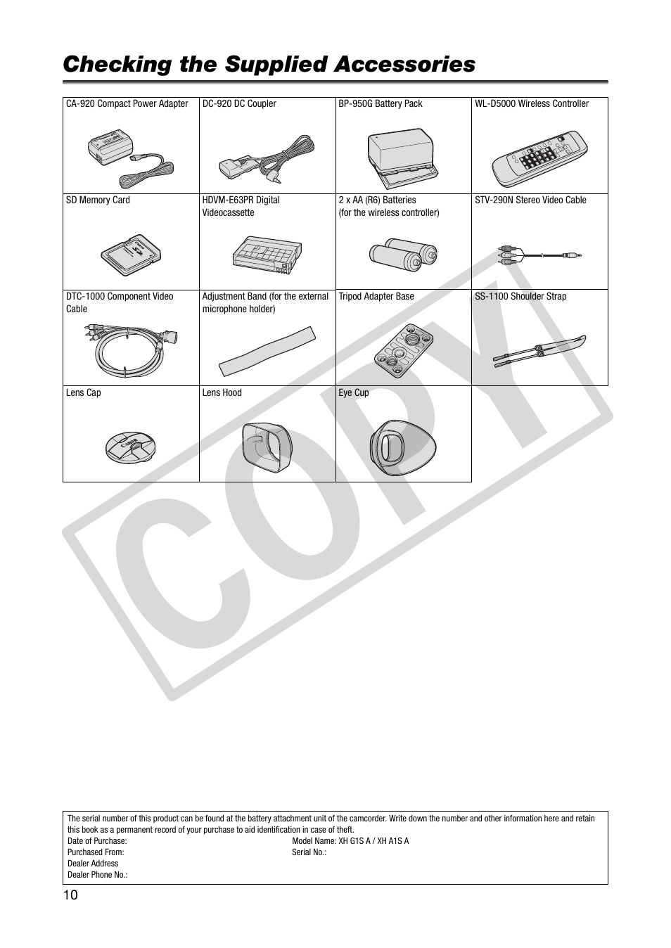 Checking the supplied accessories, Co py | Canon XHA1S User Manual | Page 10 / 155