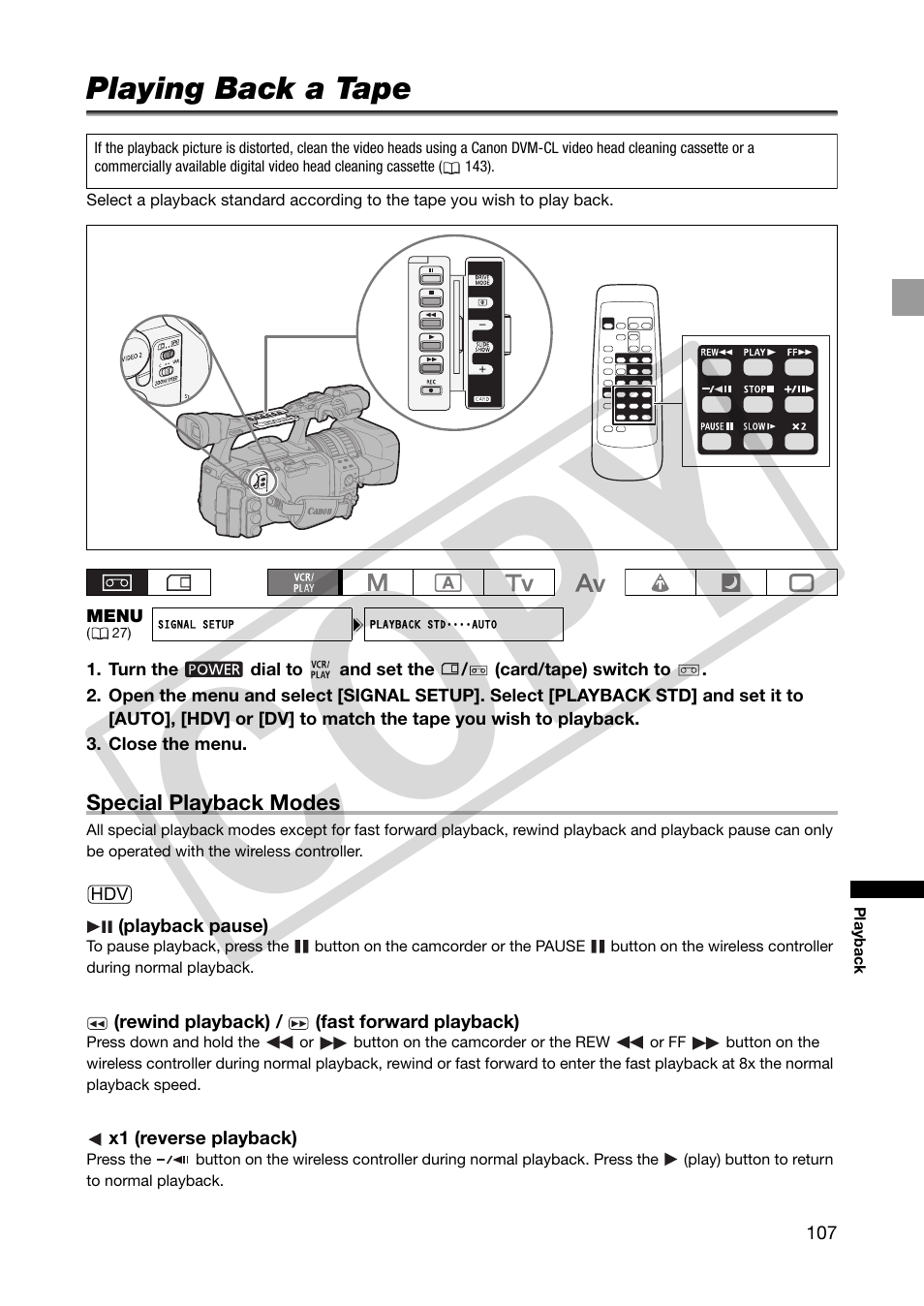 Playback, Playing back a tape, Co py | Canon XHA1S User Manual | Page 107 / 155