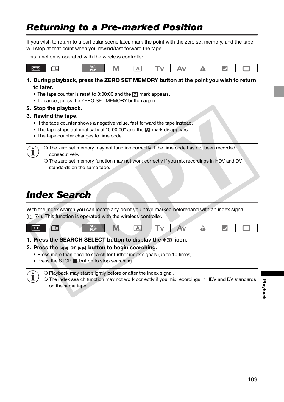 Returning to a pre-marked position, Index search, Returning to a pre-marked position index search | Co py | Canon XHA1S User Manual | Page 109 / 155