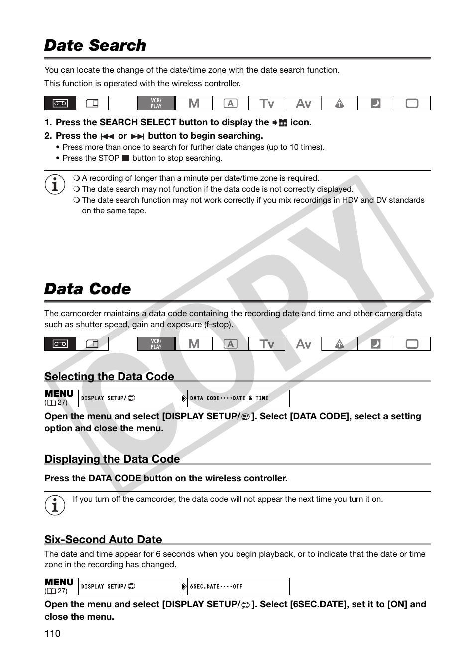 Date search, Data code, Date search data code | Co py | Canon XHA1S User Manual | Page 110 / 155