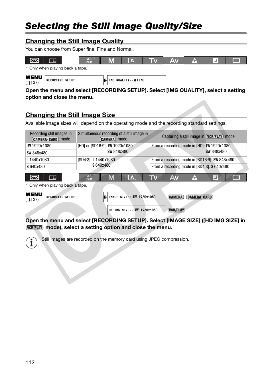 Using a memory card, Selecting the still image quality/size, Co py | Canon XHA1S User Manual | Page 112 / 155