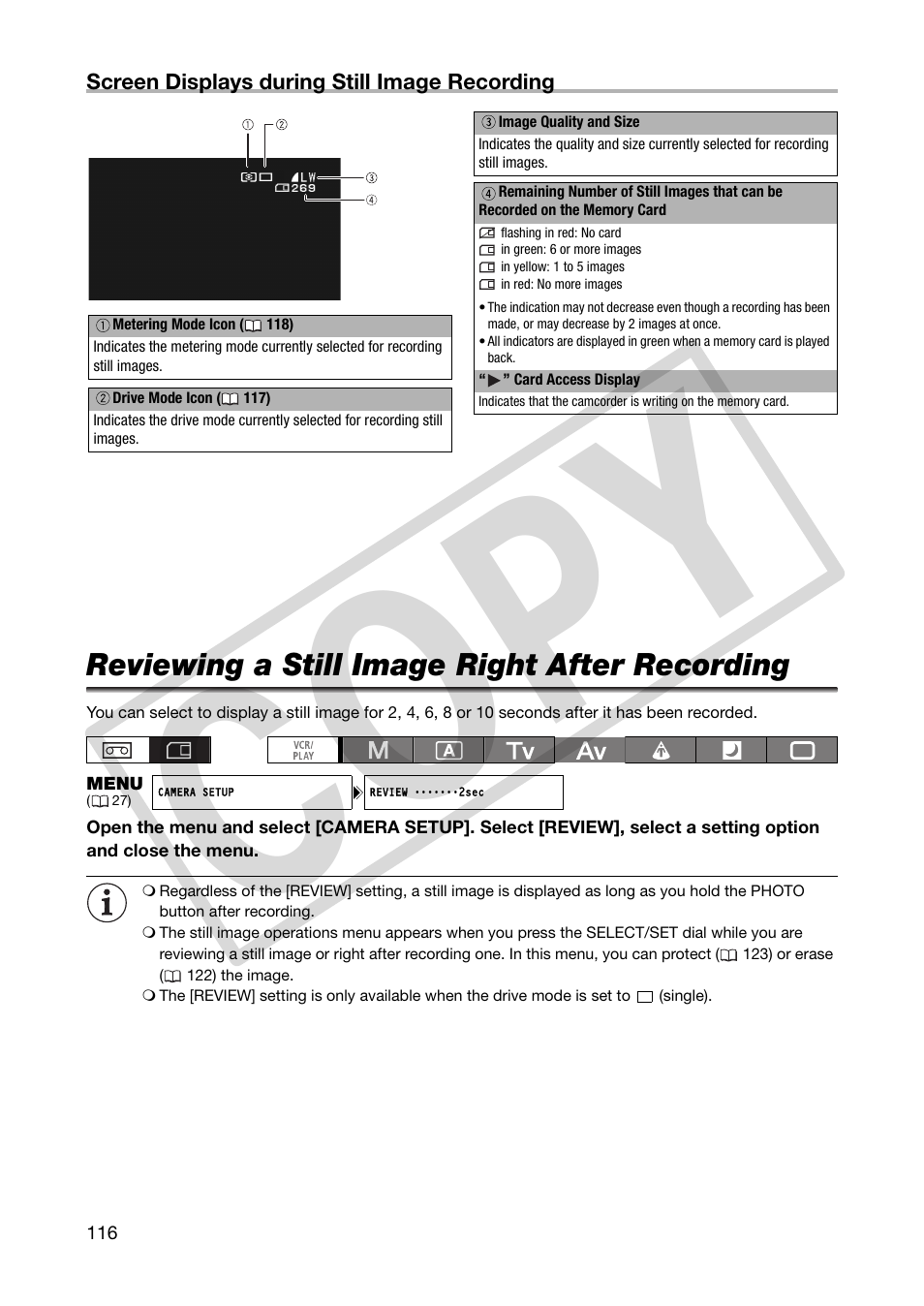 Reviewing a still image right after recording, Co py | Canon XHA1S User Manual | Page 116 / 155