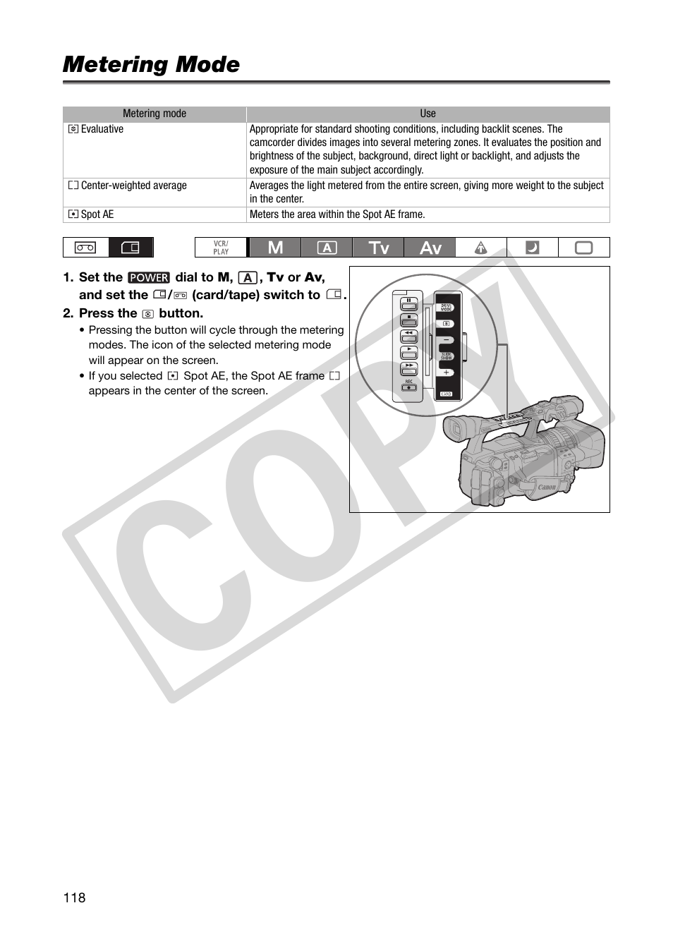 Metering mode, Co py | Canon XHA1S User Manual | Page 118 / 155