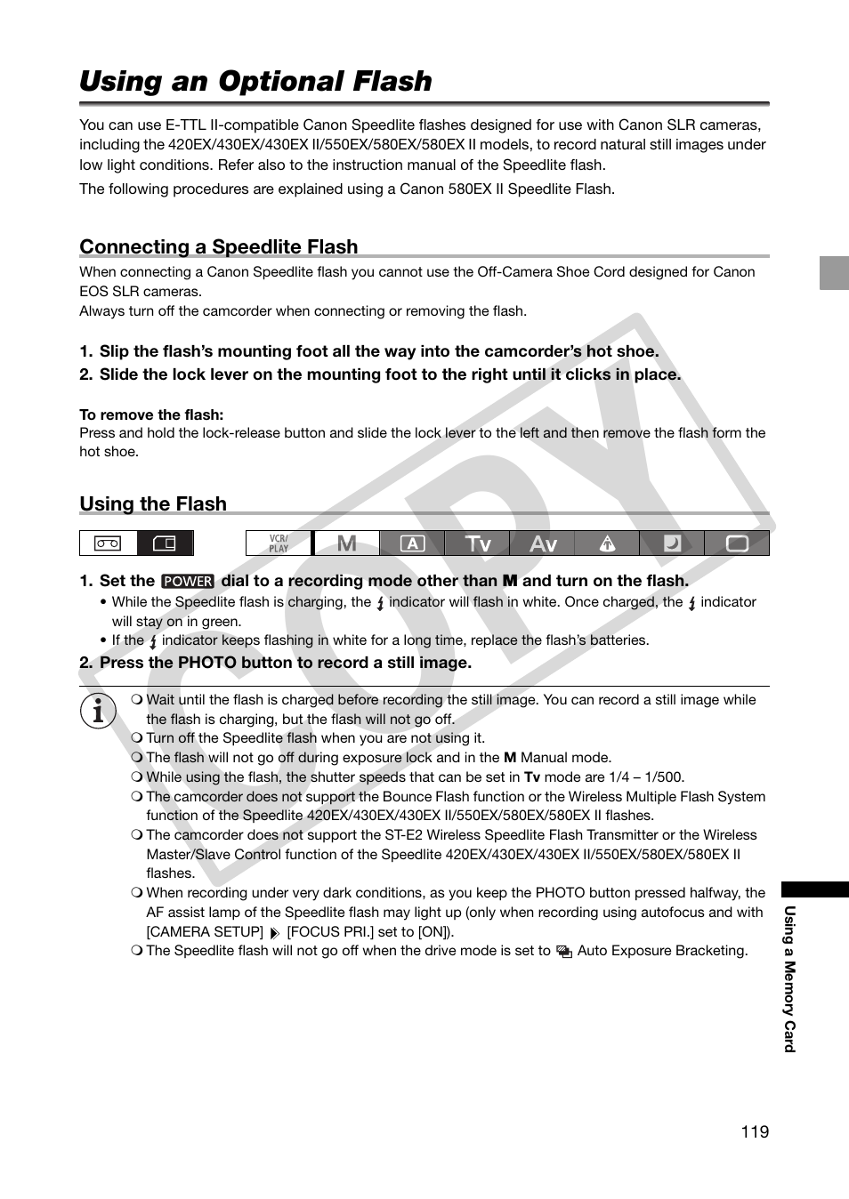 Using an optional flash, Co py | Canon XHA1S User Manual | Page 119 / 155