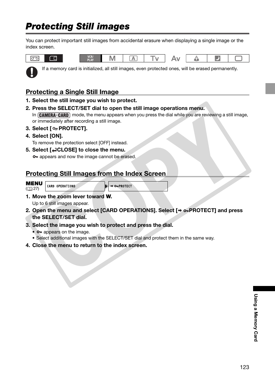 Protecting still images, 123) or, Co py | Canon XHA1S User Manual | Page 123 / 155