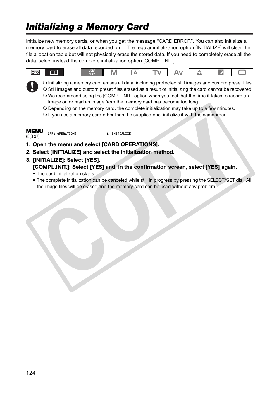 Initializing a memory card, Co py | Canon XHA1S User Manual | Page 124 / 155