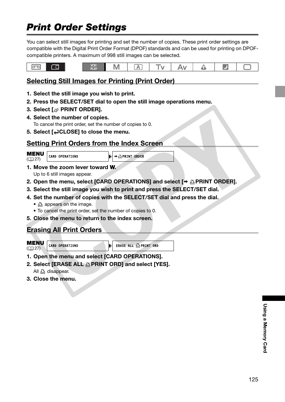 Print order settings, Co py | Canon XHA1S User Manual | Page 125 / 155