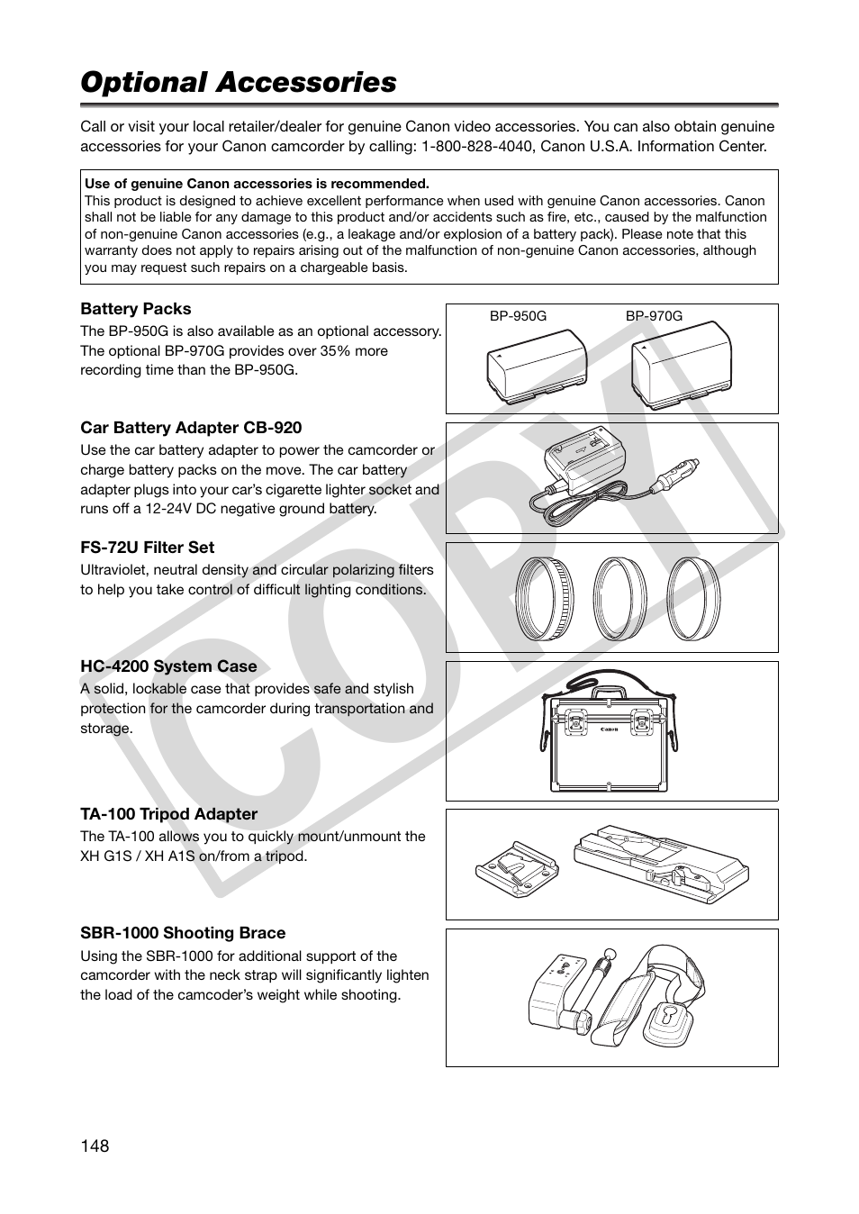 Optional accessories, Co py | Canon XHA1S User Manual | Page 148 / 155