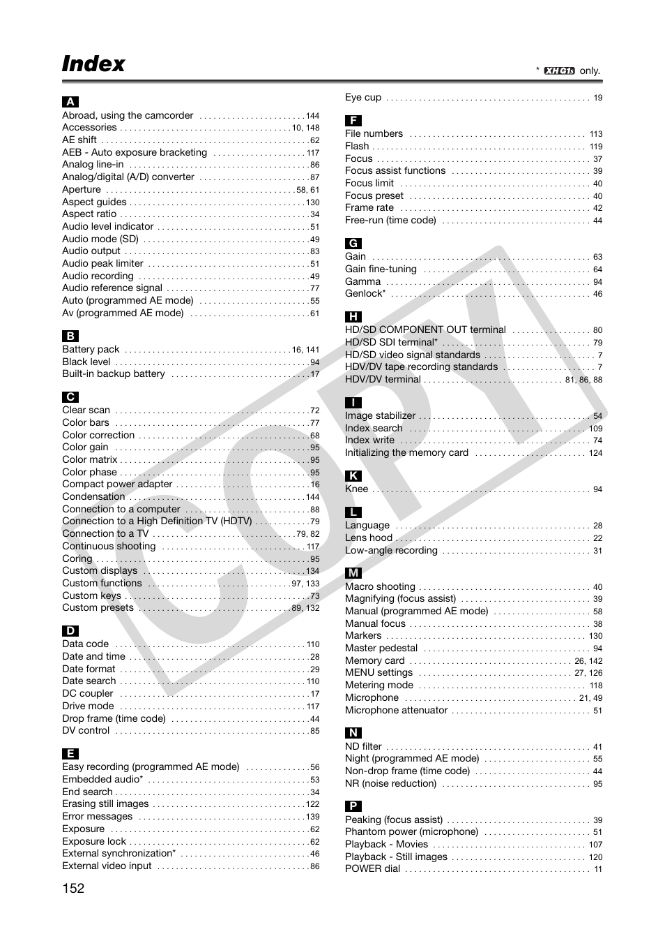 Index, C o p y | Canon XHA1S User Manual | Page 152 / 155