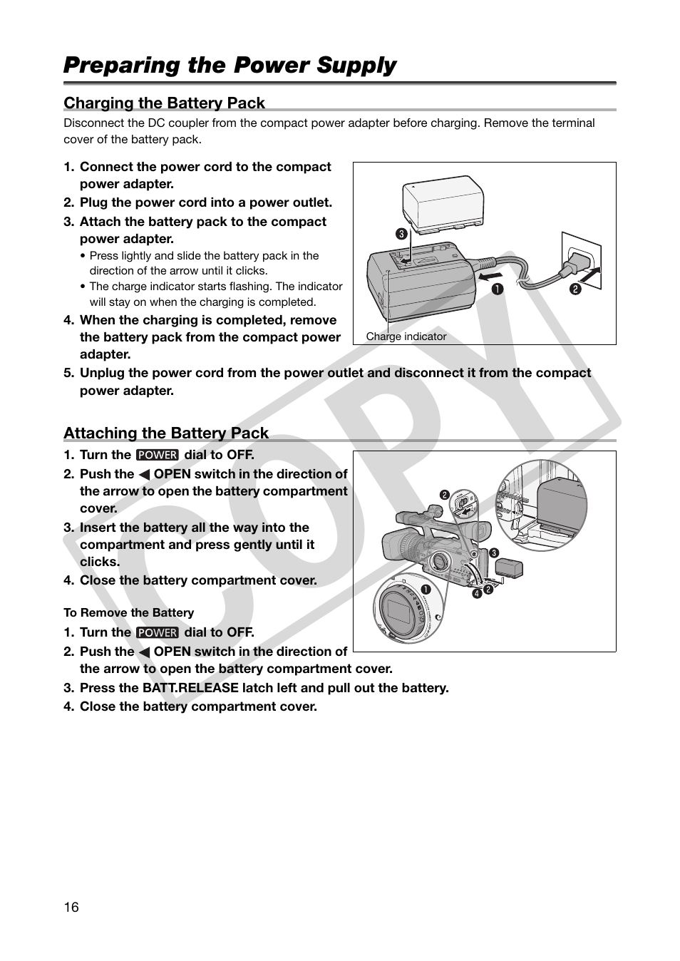 Preparations, Preparing the power supply, Co py | Canon XHA1S User Manual | Page 16 / 155