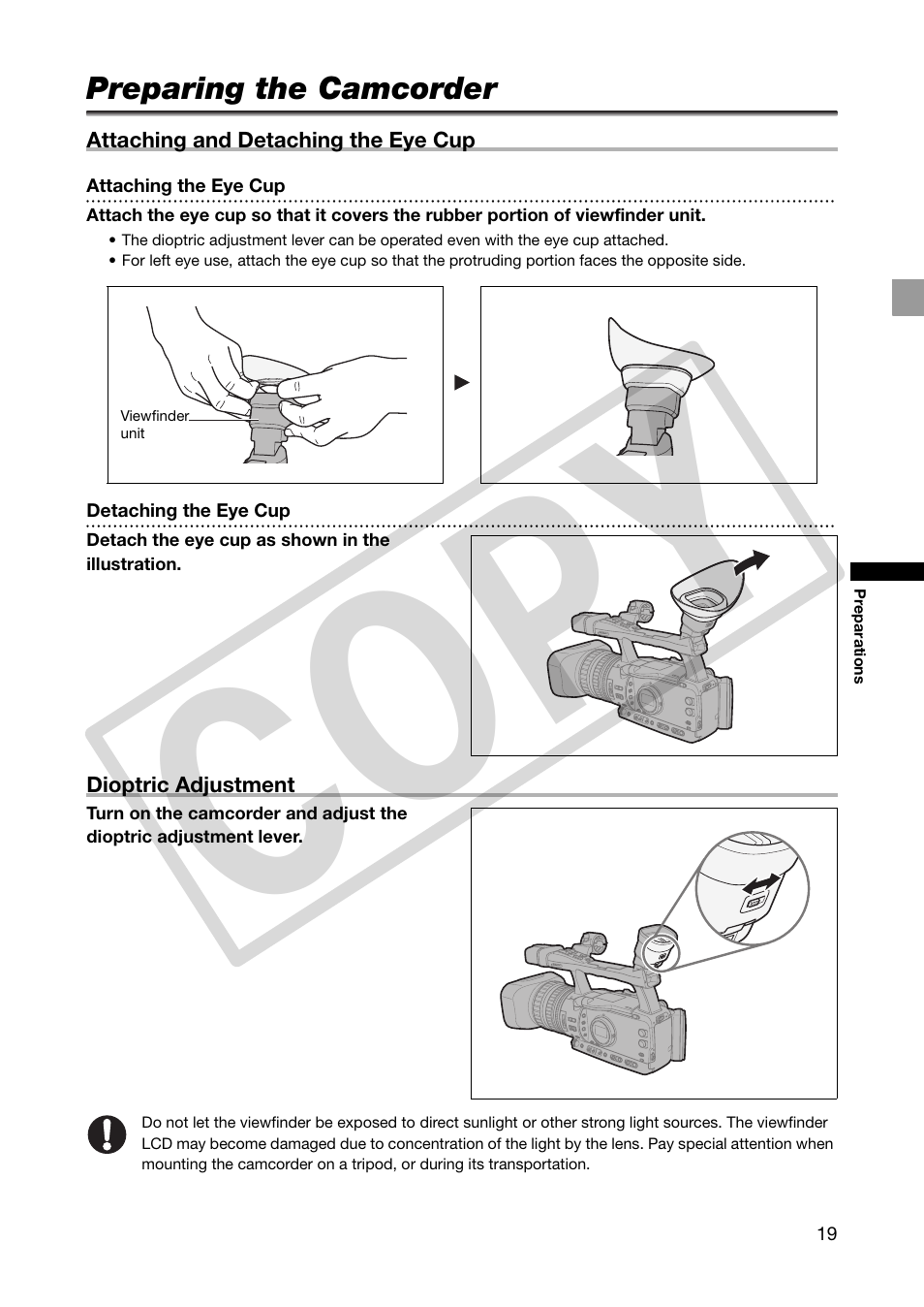 Preparing the camcorder, Co py | Canon XHA1S User Manual | Page 19 / 155