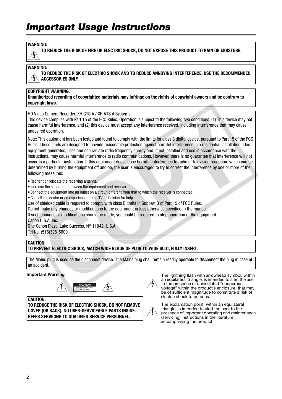 Introduction, Important usage instructions, Co py | Canon XHA1S User Manual | Page 2 / 155