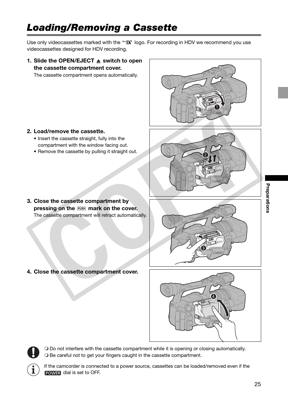 Loading/removing a cassette, Co py | Canon XHA1S User Manual | Page 25 / 155