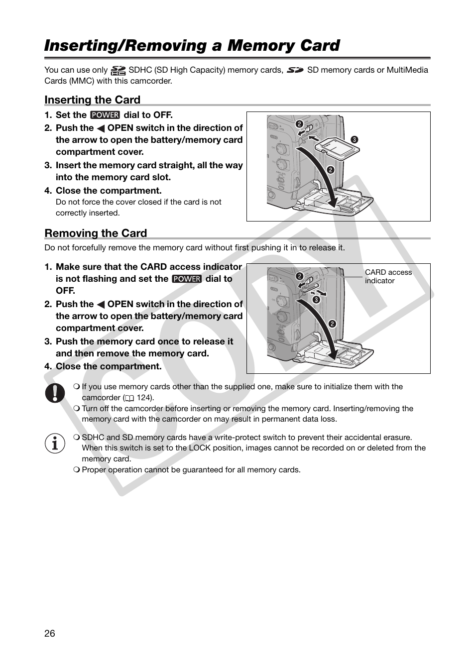 Inserting/removing a memory card, Co py | Canon XHA1S User Manual | Page 26 / 155